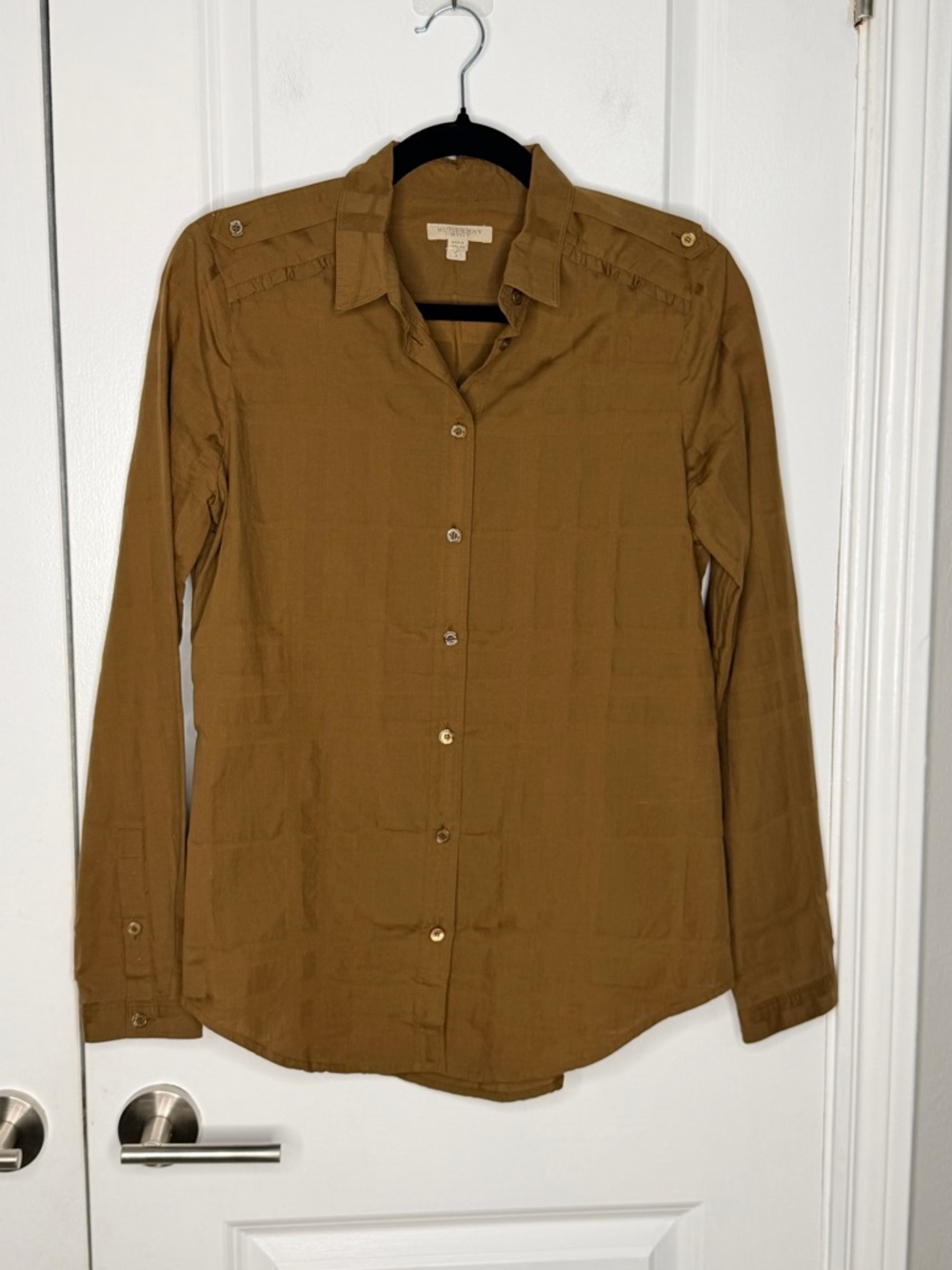 Burberry Women's Button-Down Shirt Blouse in Warm Brown Green Size S Ruffle